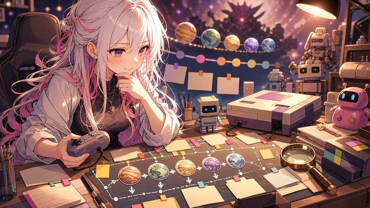 編集デスクで惑星ルート図と無地のメモを整理する白髪の女性キャラクターのイメージ