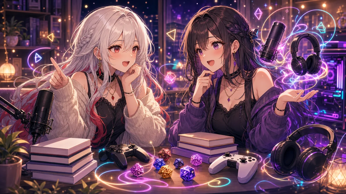 本棚とゲーム機材に囲まれた部屋で会話が弾む人物