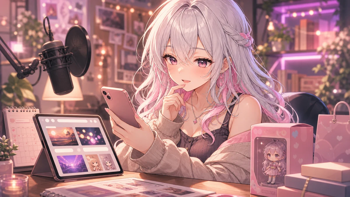 スマートフォンと投稿プレビューを見比べながら考える配信者のイメージ