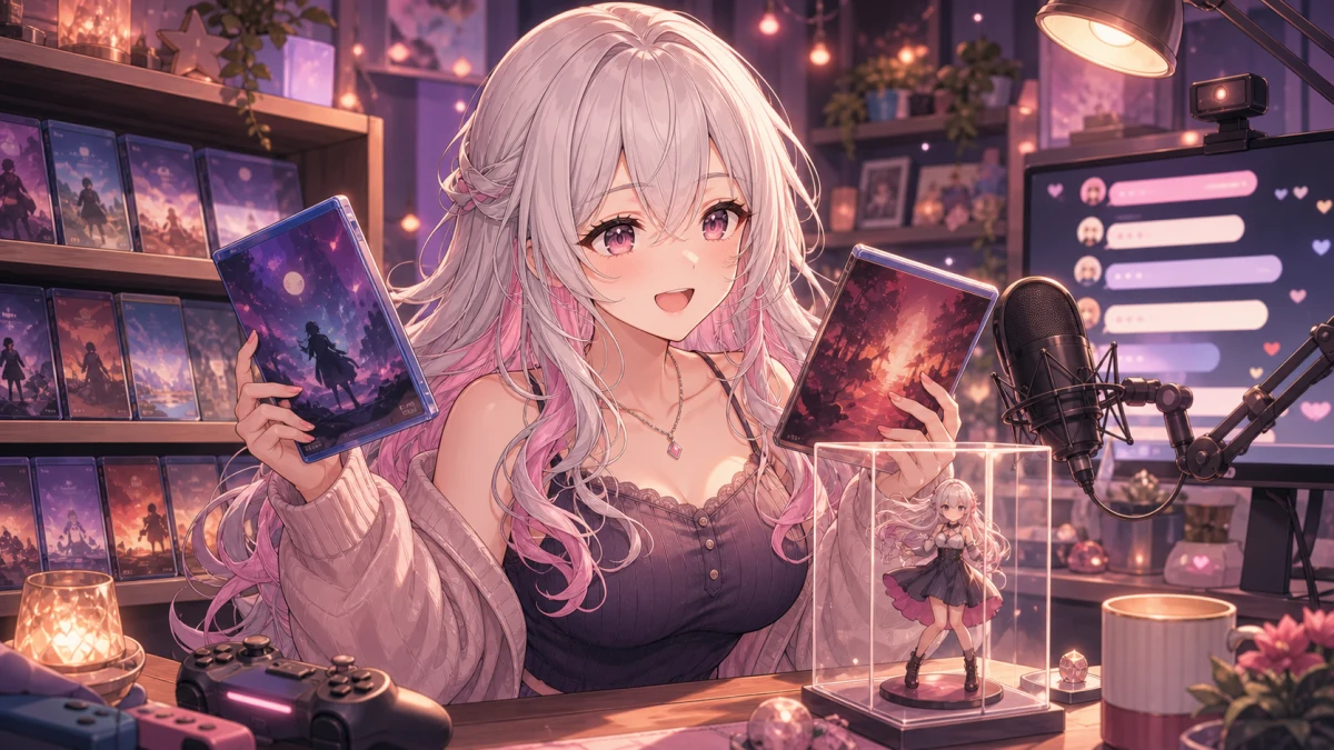 ゲーム棚とフィギュアケースを背景に次の配信予定を考える人物
