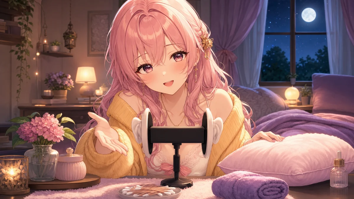 深夜の寝室でASMR録音環境とタオルを整えるイメージ