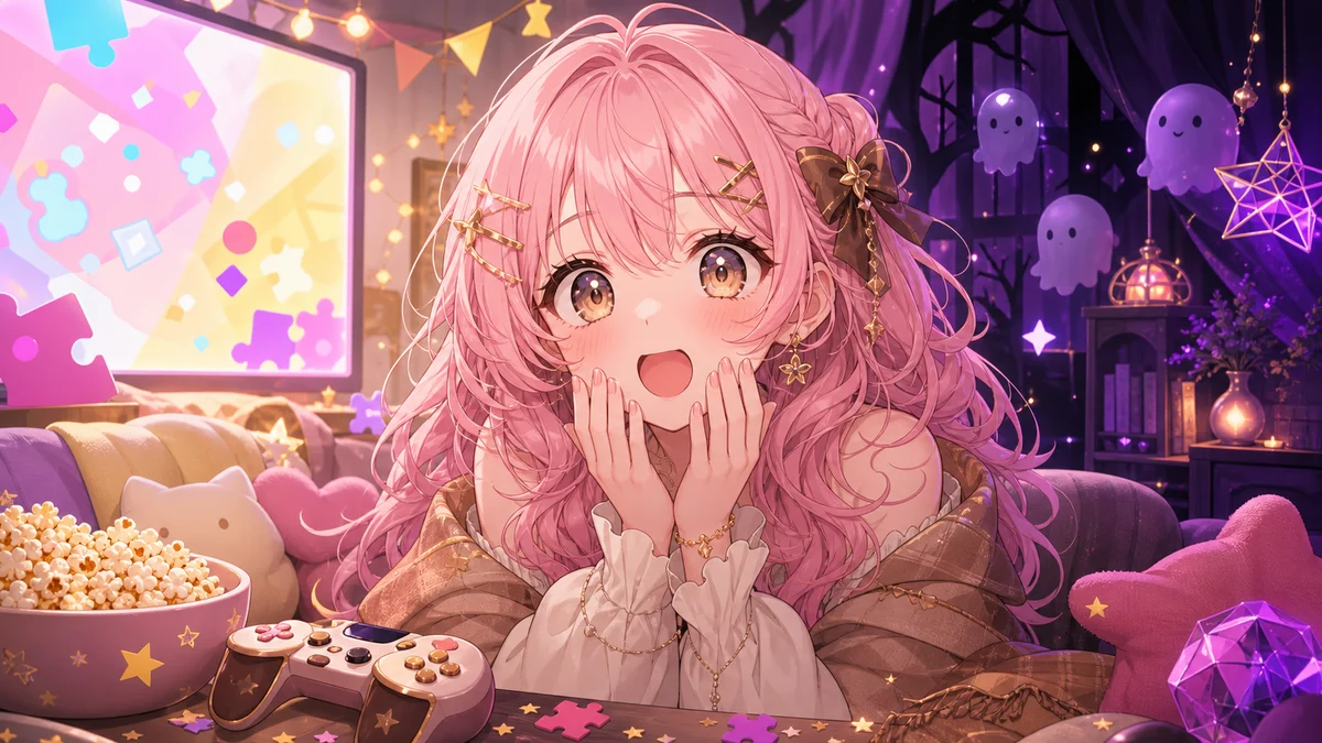 カラフルなゲームイベント会場でポップな映像とホラー風の影に驚く女性キャラクターのイメージ