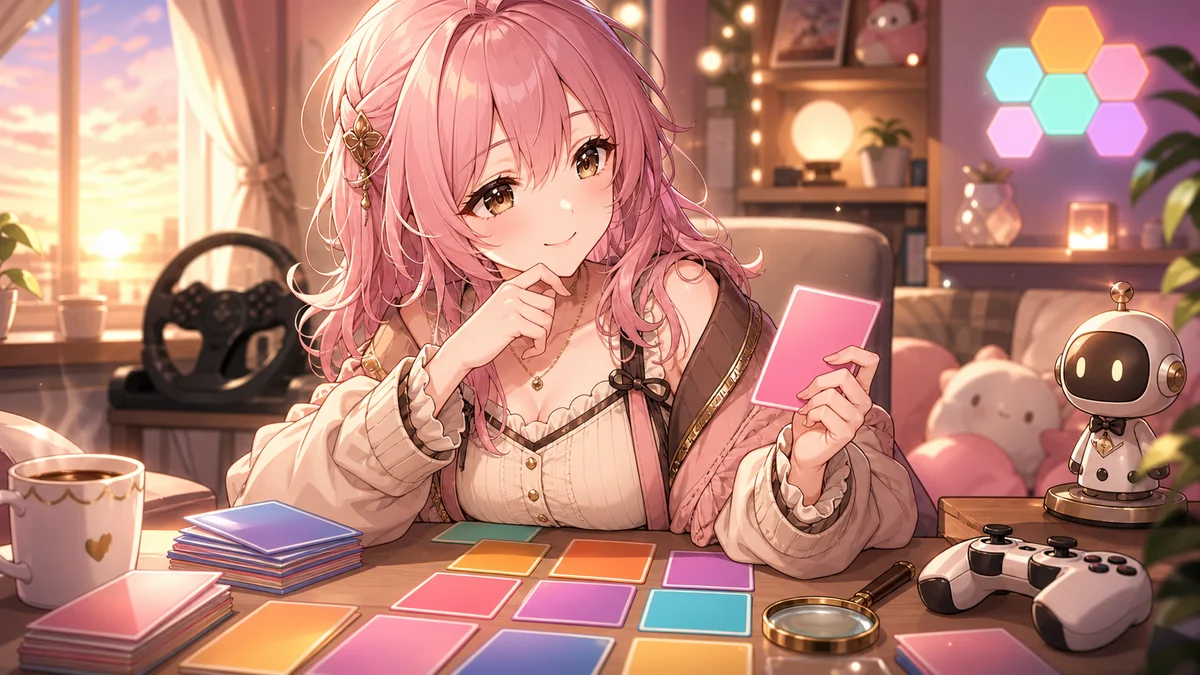 朝の配信後にゲーム発表のメモを見返し次に遊びたい作品を整理する女性キャラクターのイメージ
