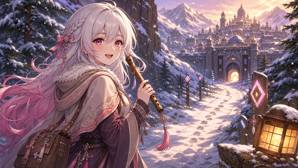 雪原の道で笛と旅の荷物を見つめる女性キャラクターのイメージ