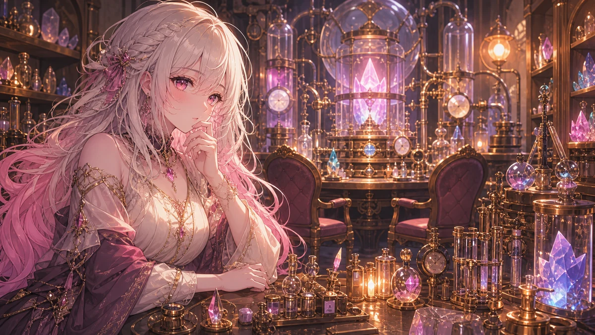 研究所の端末と不安げな設計図を前に考え込む女性キャラクターのイメージ