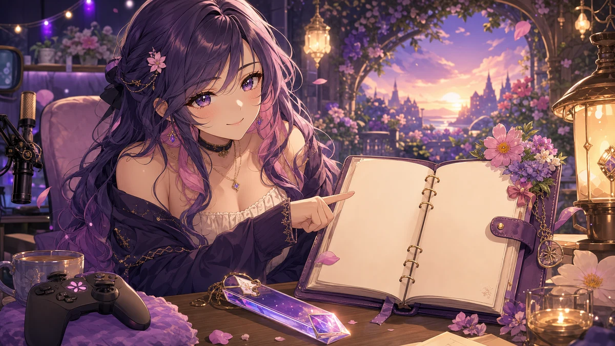 ゲーム机の前で次の冒険メモと花を並べる女性キャラクターのイメージ