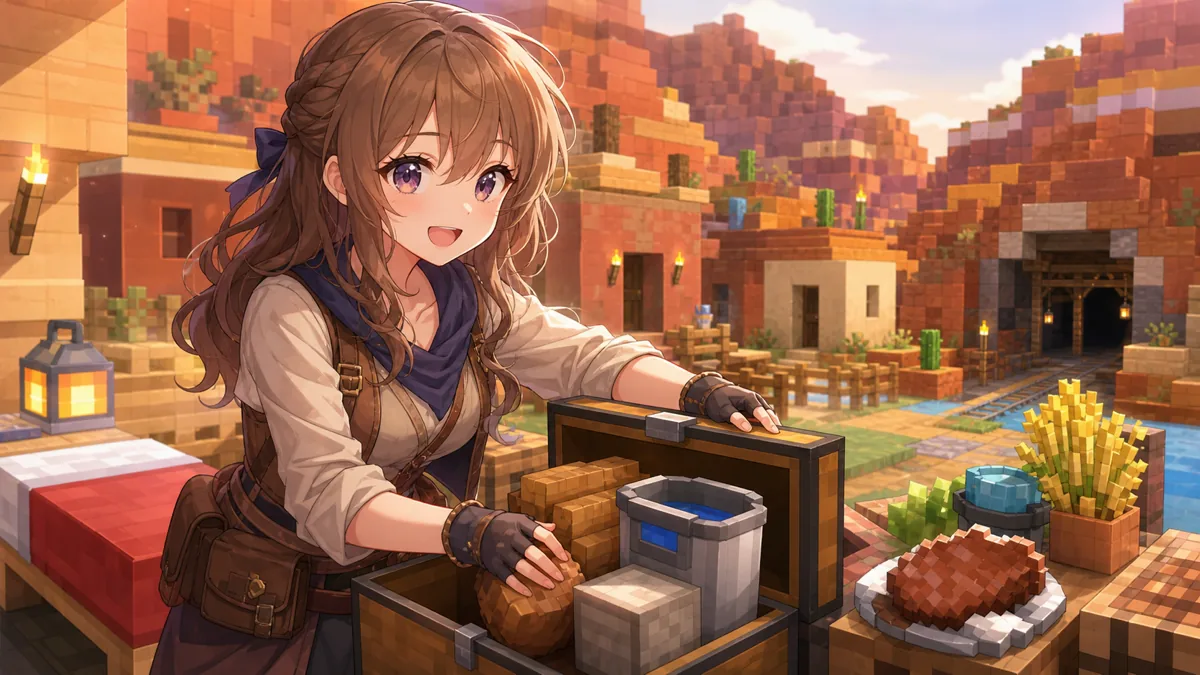 別の村と仮拠点で探索が生活圏へ広がる様子をイメージしたオリジナル女性キャラクターのイラスト