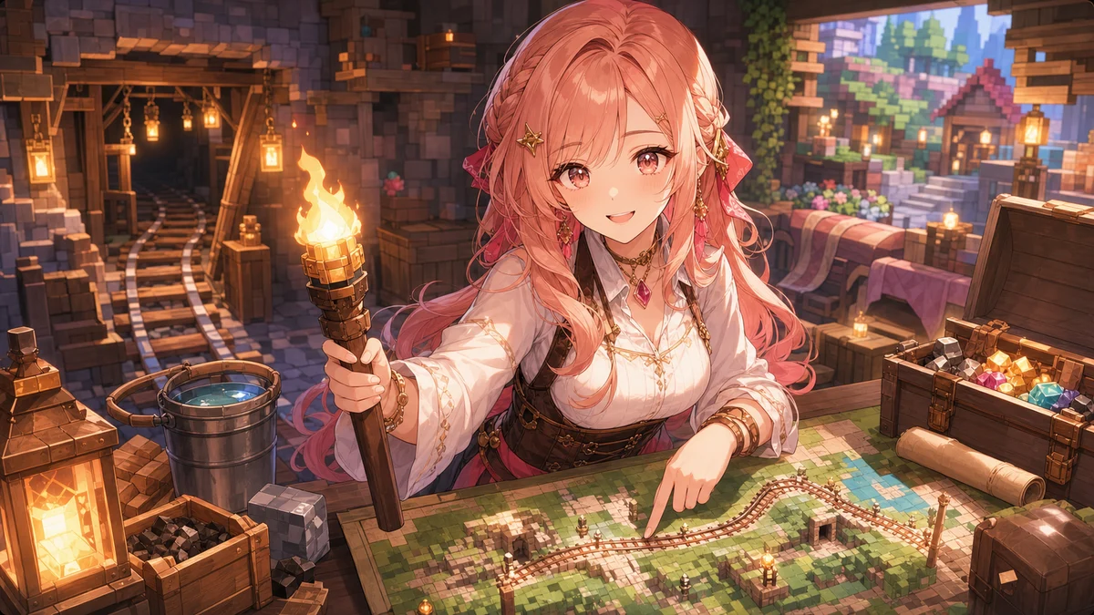 廃坑の入口や村、レールの地図を前にした女性キャラクターのイラスト