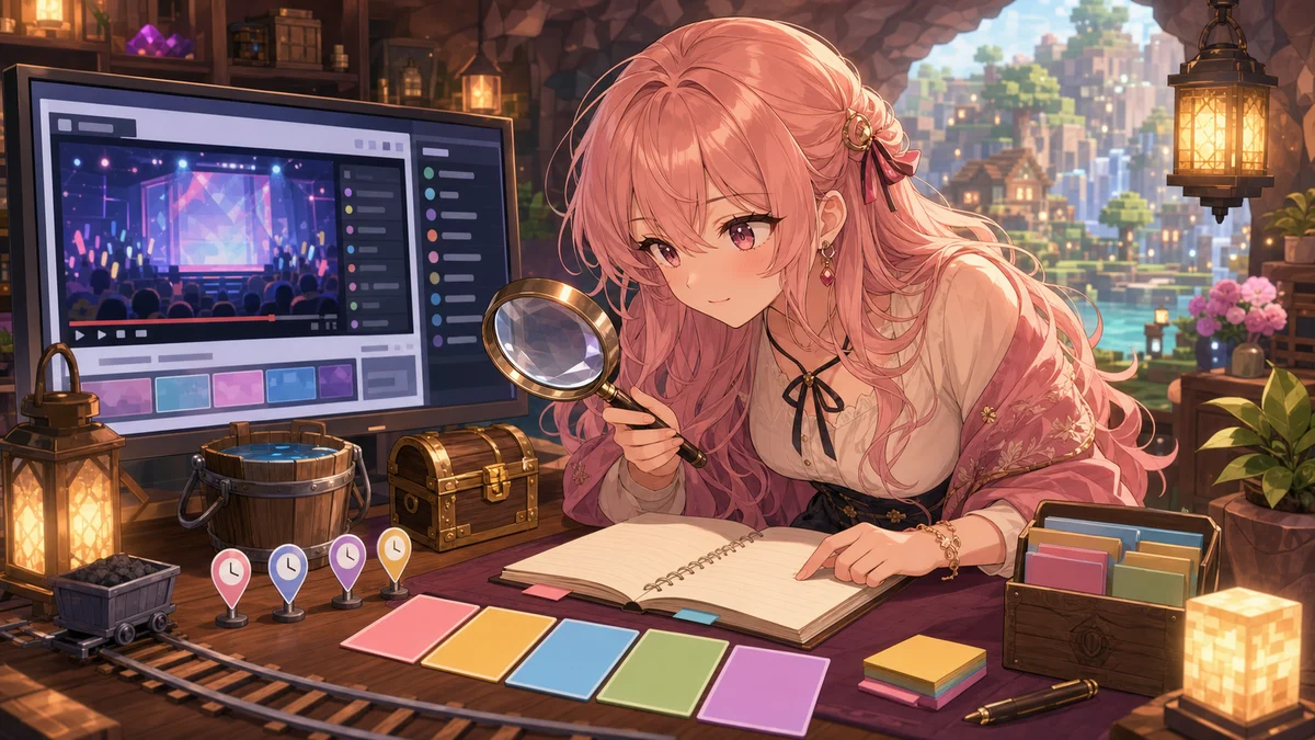 配信アーカイブの抽象的な画面とノートを確認する女性キャラクターのイラスト