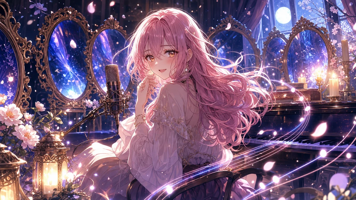 鏡と青い照明のある小さなステージで、怖さを柔らかく表現する女性キャラクターのイメージ