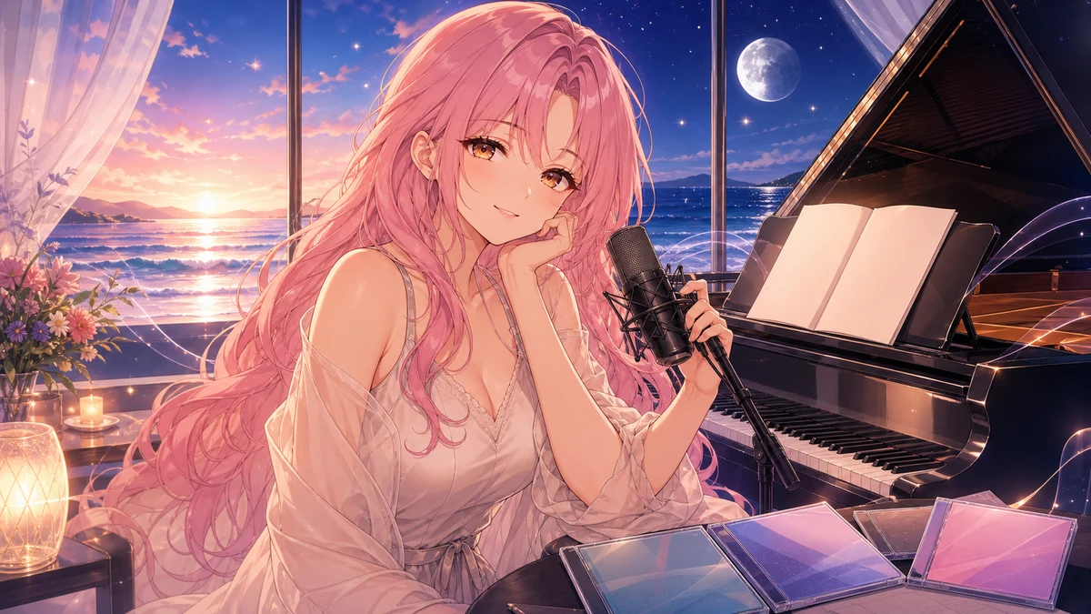 夜明け色の抽象ステージでピアノと海の光を背に歌う女性キャラクターのイメージ