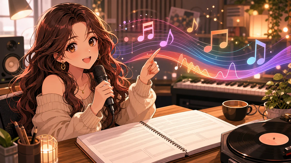譜面、レコード、配信用マイクを並べて曲の構造を考える女性キャラクターのイメージ