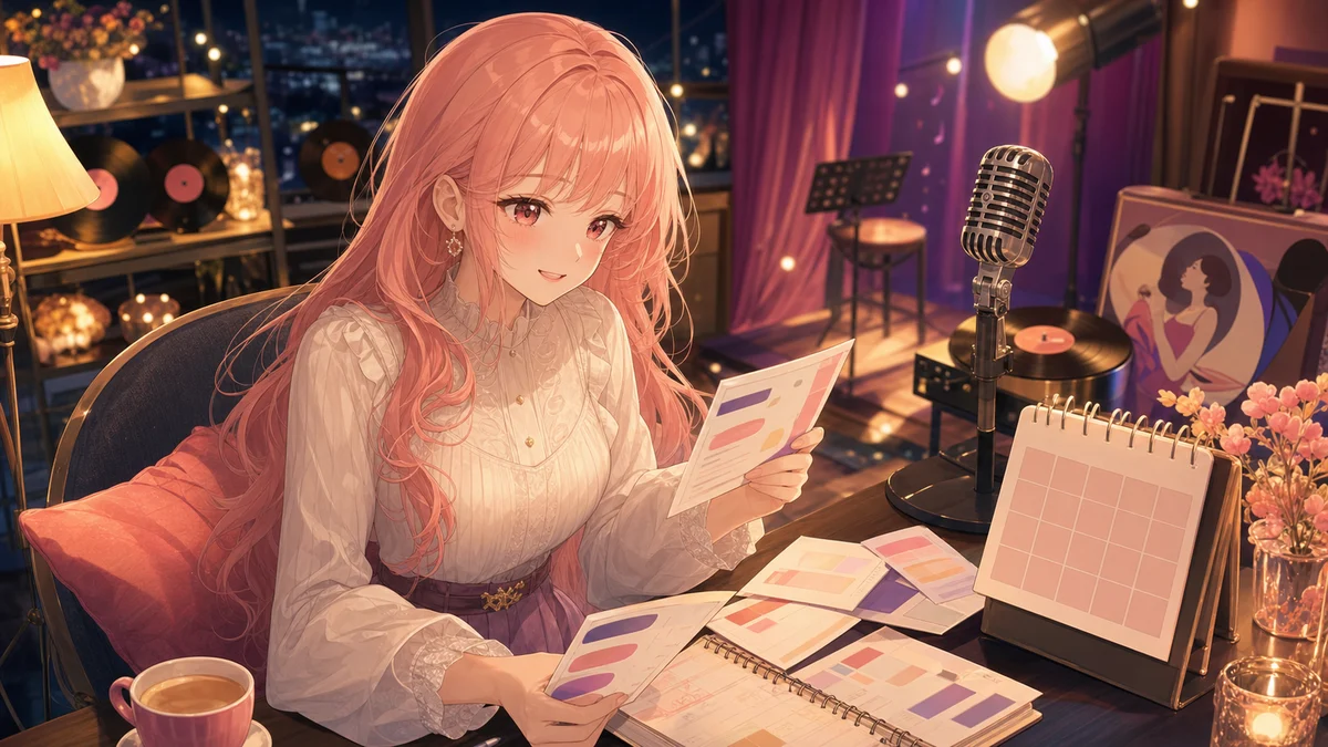 配信机で公式リンクのメモ、再生リスト、カレンダーを見比べる女性キャラクターのイメージ