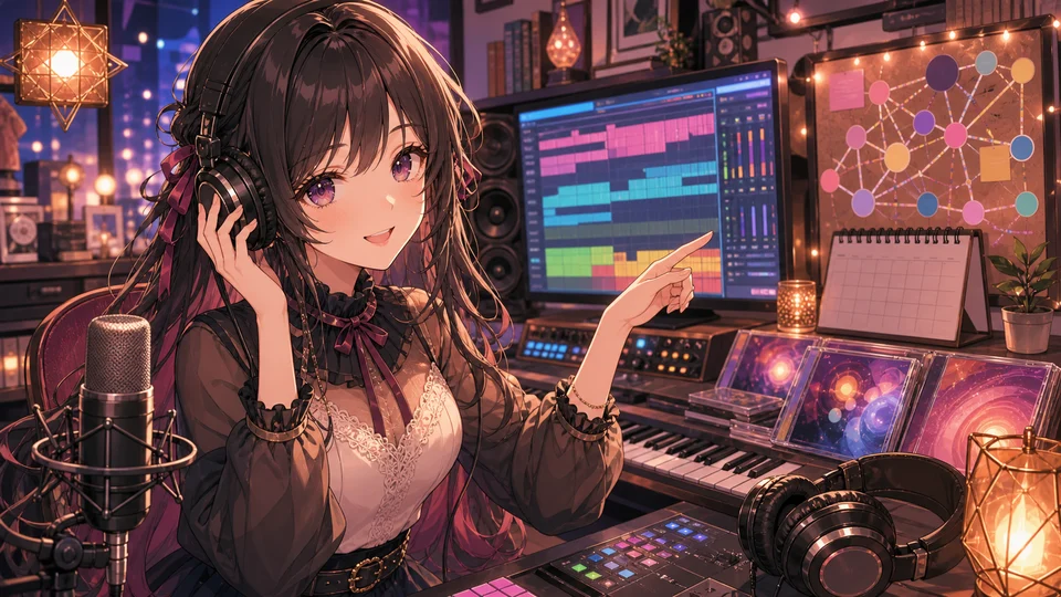 音楽制作画面と公式リンクのメモを見ながら歌枠を聴く女性キャラクター