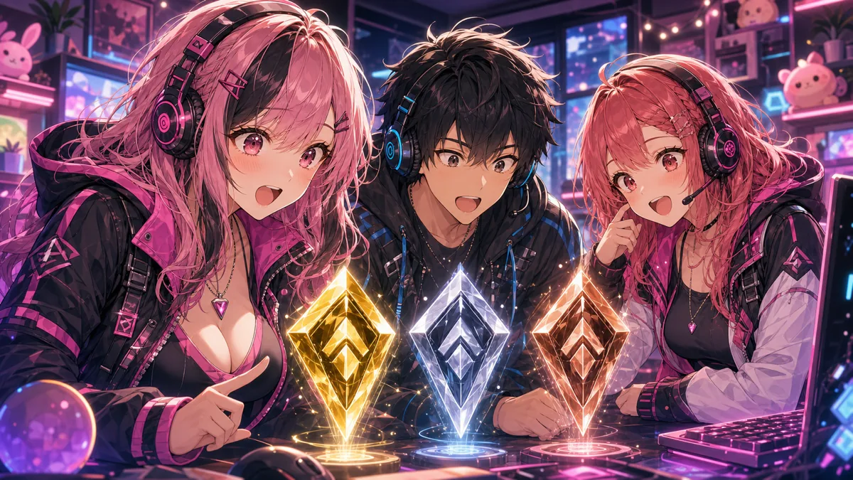 新シーズン初日のランク確認をする配信者トリオ風オリジナルキャラクターのイメージ