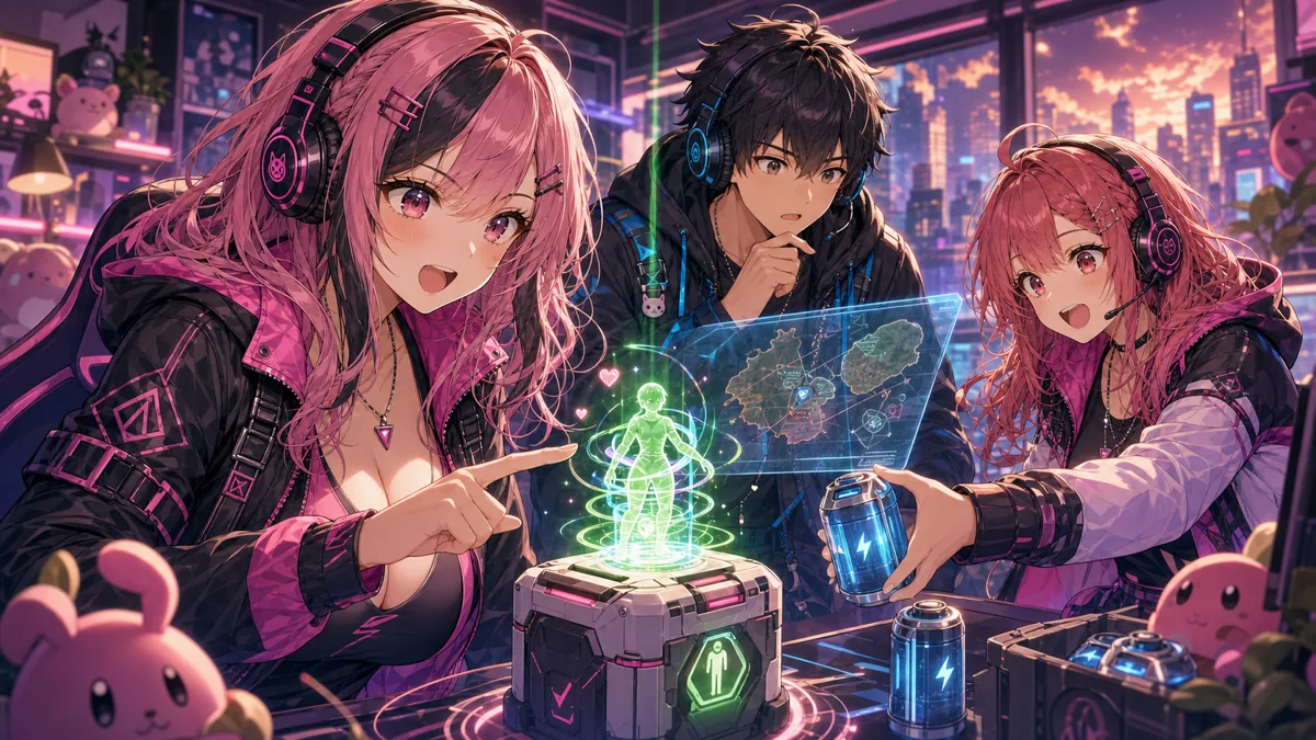 混戦の中で蘇生ビーコンと物資を確認するかわいい配信者チーム風オリジナルキャラクターのイメージ