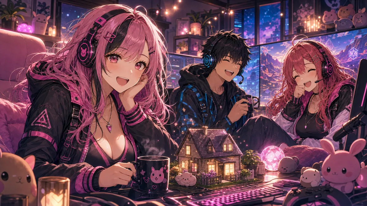 ゲーム配信の合間に雑談しながら物資整理をする明るいオリジナルキャラクターのイメージ