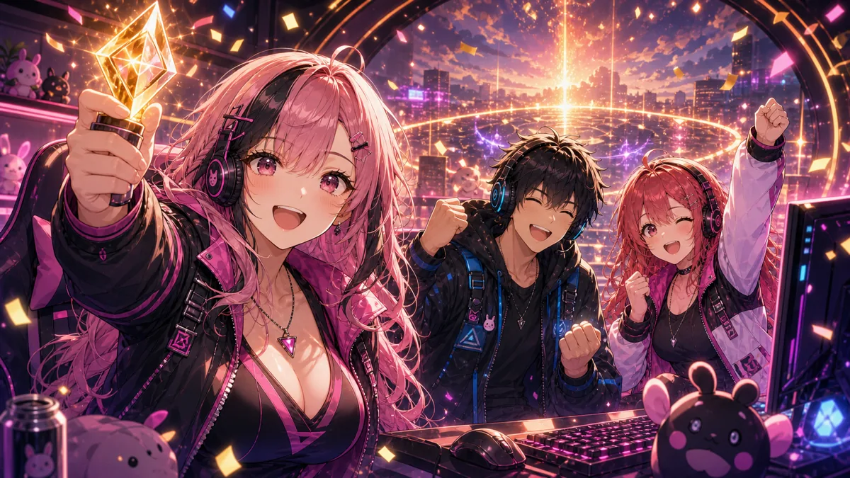 終盤のチャンピオン獲得で喜ぶ配信者トリオ風オリジナルキャラクターのイメージ