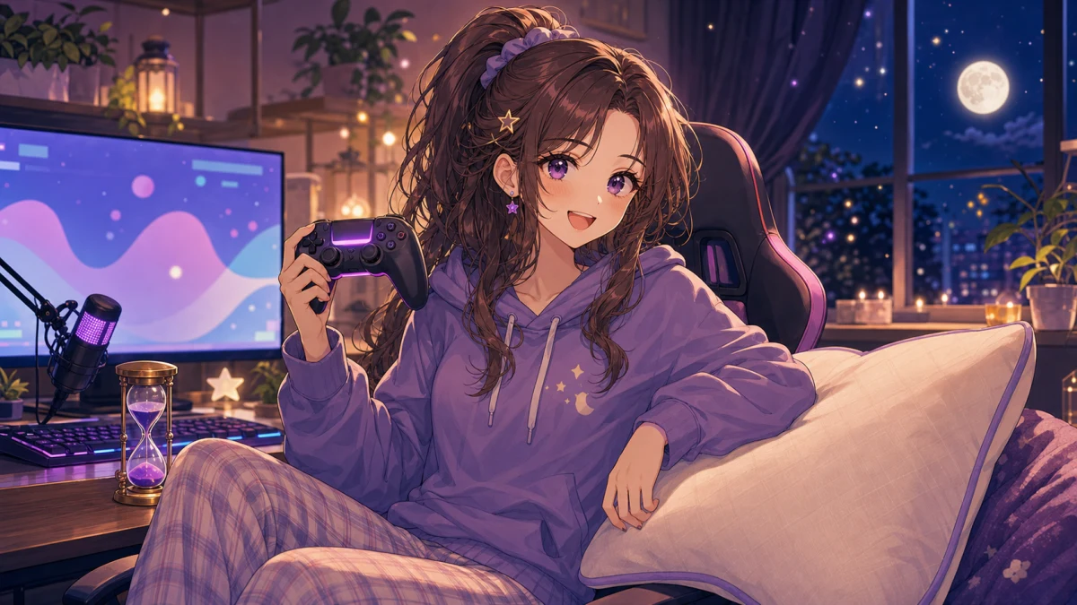 ゲーム用デスクの横で柔らかい光の中に枕と小さな抽象UIが浮かぶオリジナル女性キャラクターのイメージ