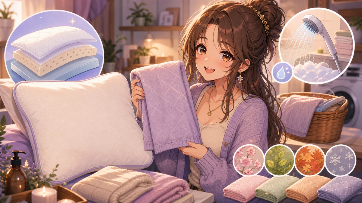 柔らかい寝室で枕カバーとシャワーの小物を並べて手入れを考えるオリジナル女性キャラクターのイメージ