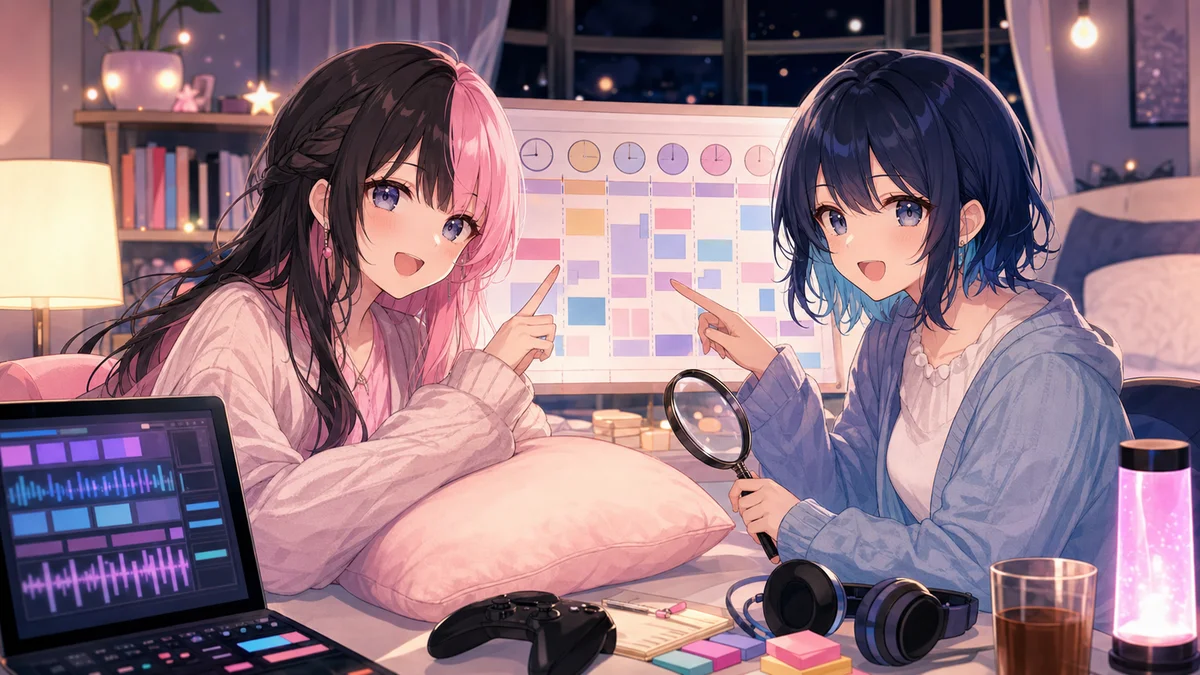 枕と24時間表と抽象的な確認画面を囲んで話す2人のオリジナル女性キャラクターのイメージ