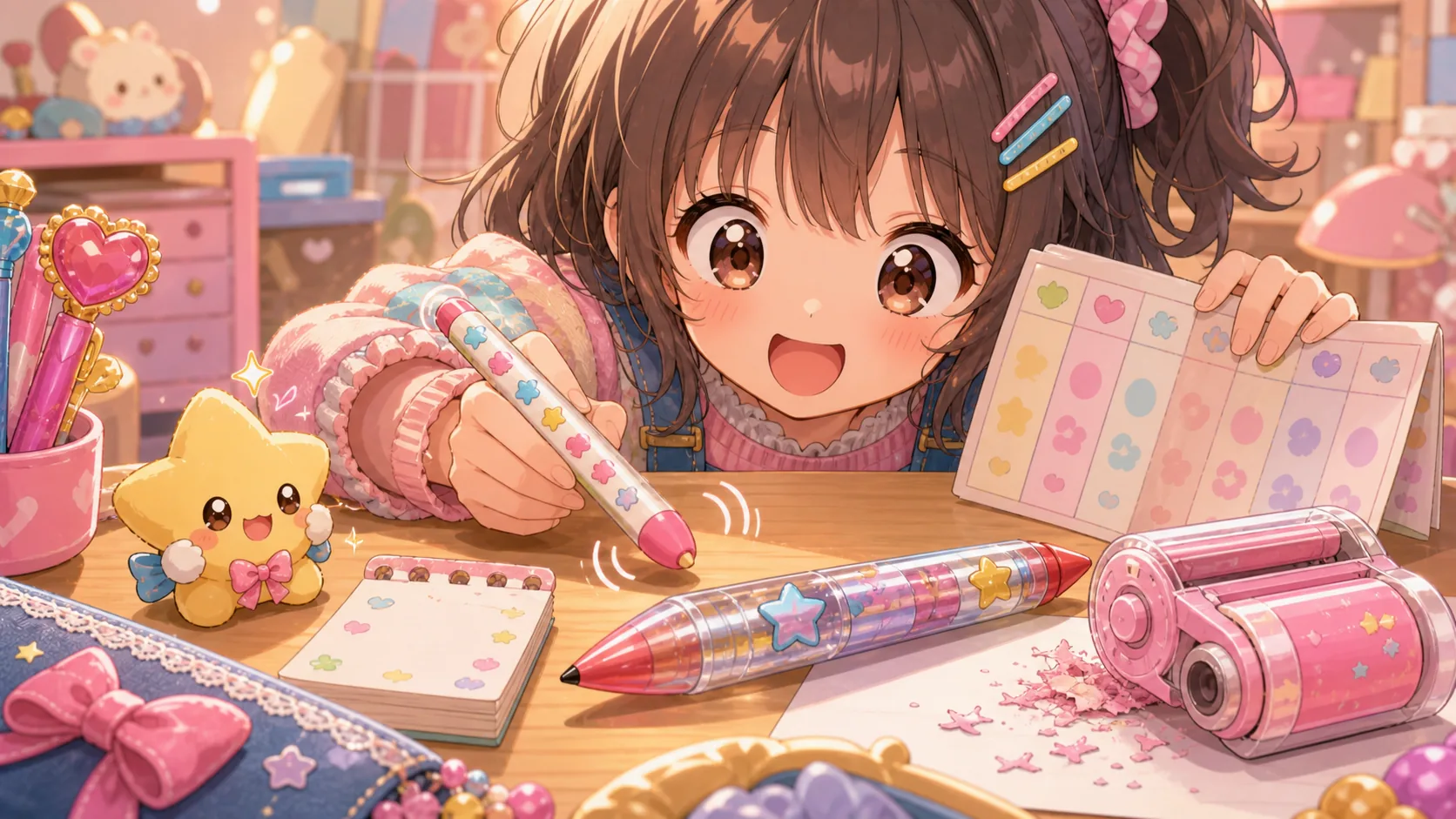 パステル色の平成文房具を机に広げて占いペンを回すオリジナルキャラクターのイメージ
