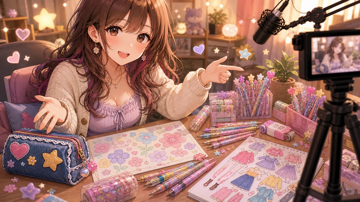 配信用の机に平成文房具と塗り絵、着せ替えパーツを並べて紹介するオリジナルキャラクターのイメージ