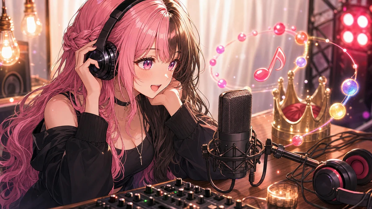 ヘッドホンとマイクと王冠小物を囲む音楽スタジオのオリジナルイメージ