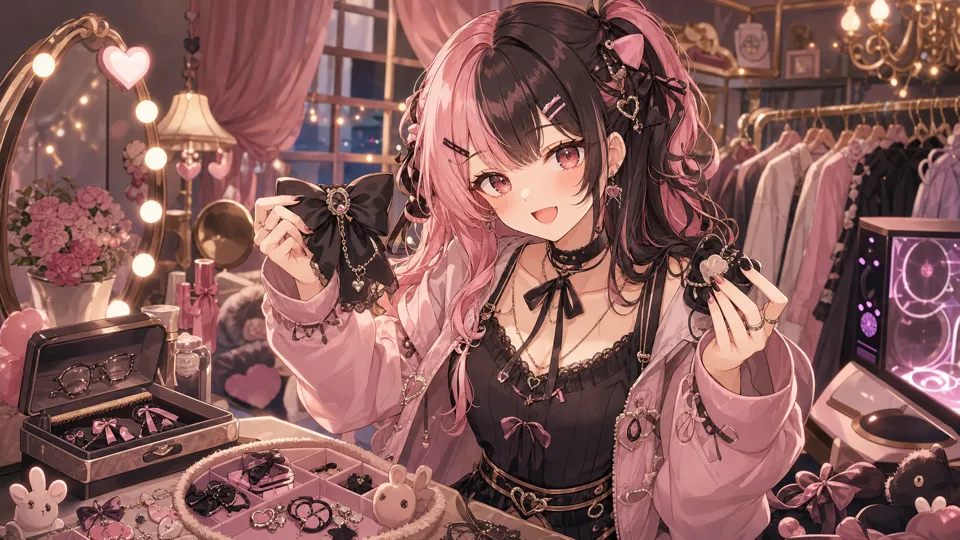 制服風の配信衣装を前に黒いリボンや眼鏡やうさぎ小物を整理するオリジナル女性キャラクターのイメージ
