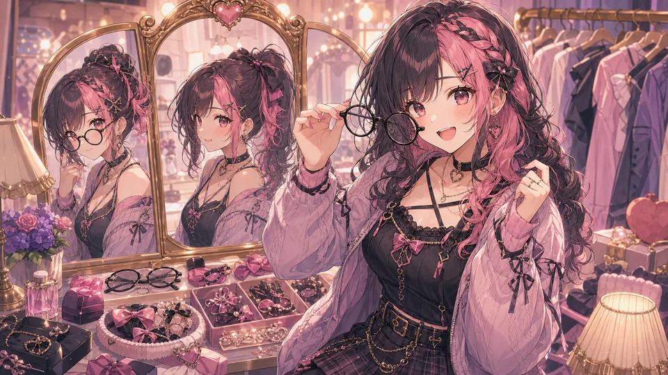 黒ぶち眼鏡や髪型差分を鏡の前で見比べるオリジナル女性キャラクターのイメージ