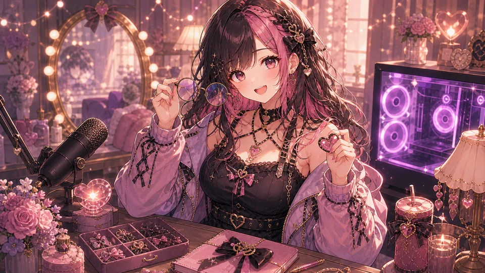 新衣装風の配信机で眼鏡やアクセサリーと無印のPCを見比べるオリジナル女性キャラクターのイメージ