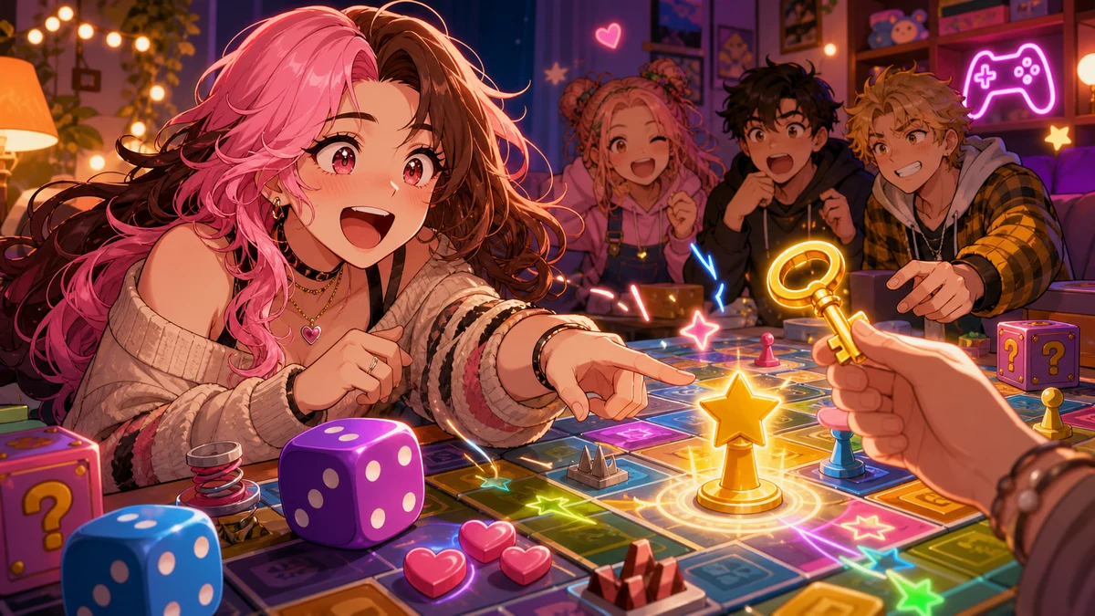 明るい配信部屋で大きなサイコロと鍵を前に驚く女性キャラクターのイメージ