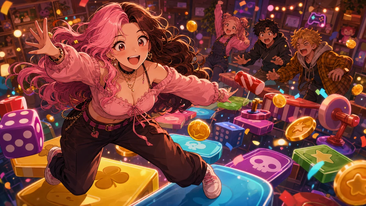 浮かぶタイルのミニゲームでバランスを取りながら歓声を上げる女性キャラクターのイメージ