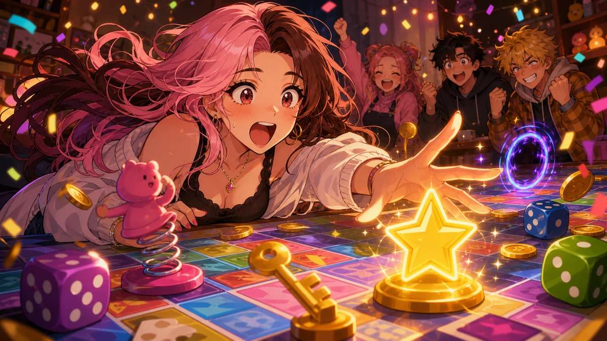 星形のゴールへ手を伸ばす女性キャラクターとカラフルな盤面のイメージ
