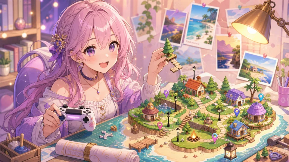 旅行パンフレットと島づくりの模型を眺めるオリジナル女性キャラクターのイメージ