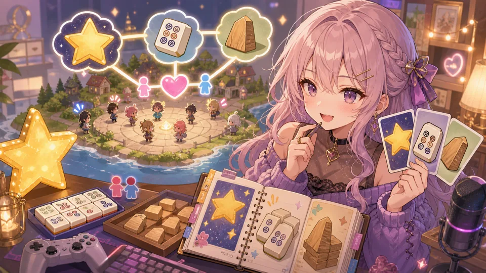 会話テーマの星形メモと麻雀牌を並べるオリジナル女性キャラクターのイメージ