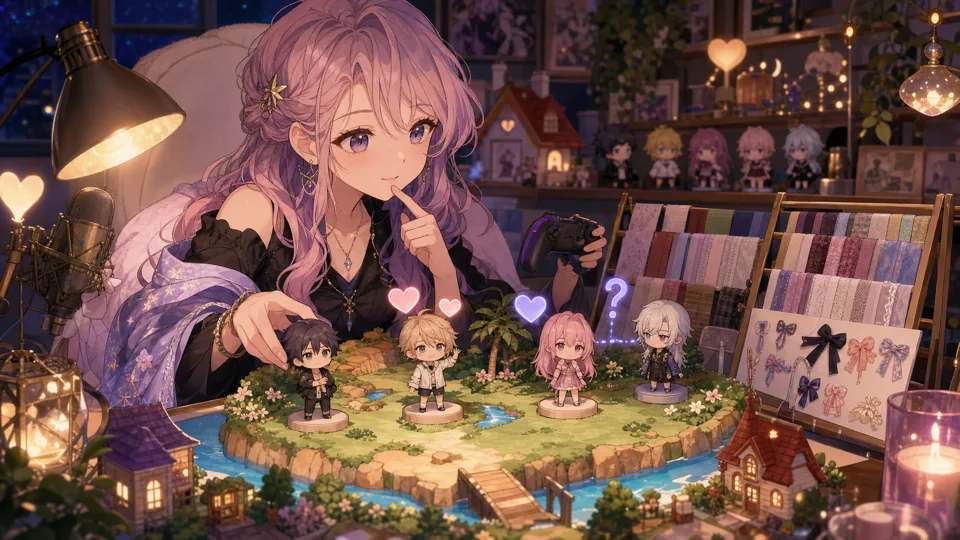 夜の配信部屋で住民ノートと小さな島模型を整理するオリジナル女性キャラクターのイメージ