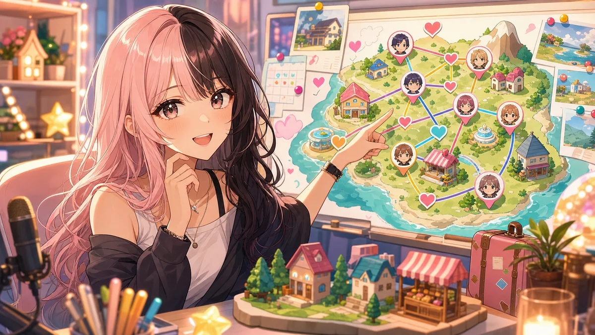 島の関係図と市場や旅行小物を見ながら整理する配信部屋のオリジナル女性キャラクターのイメージ