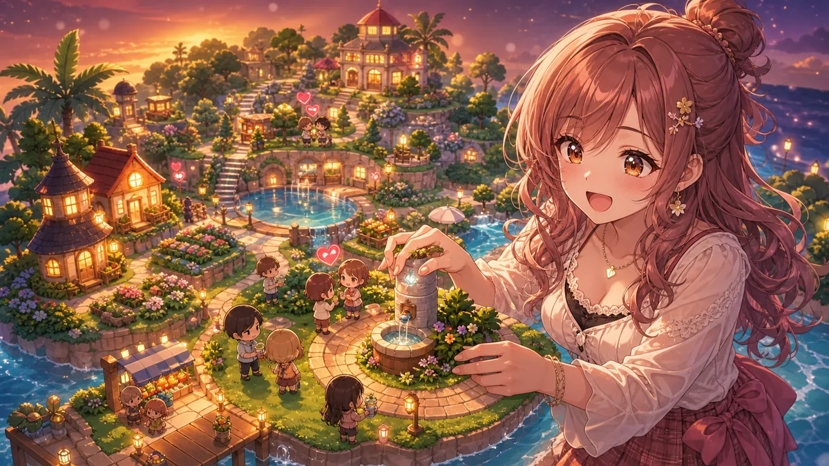 広がった夜の島で水のみ場と庭を配置するオリジナル女性キャラクターのイメージ