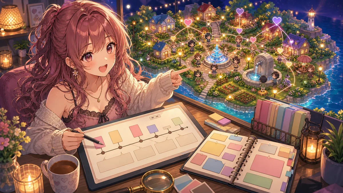 拡張された島の地図と確認メモを並べて配信の流れを整理するオリジナル女性キャラクターのイメージ
