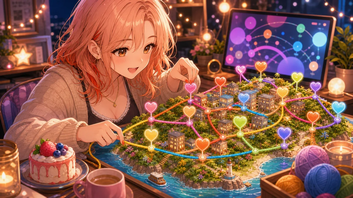 ミニチュア島の関係図にハートの目印を置くオリジナル女性キャラクターのイメージ