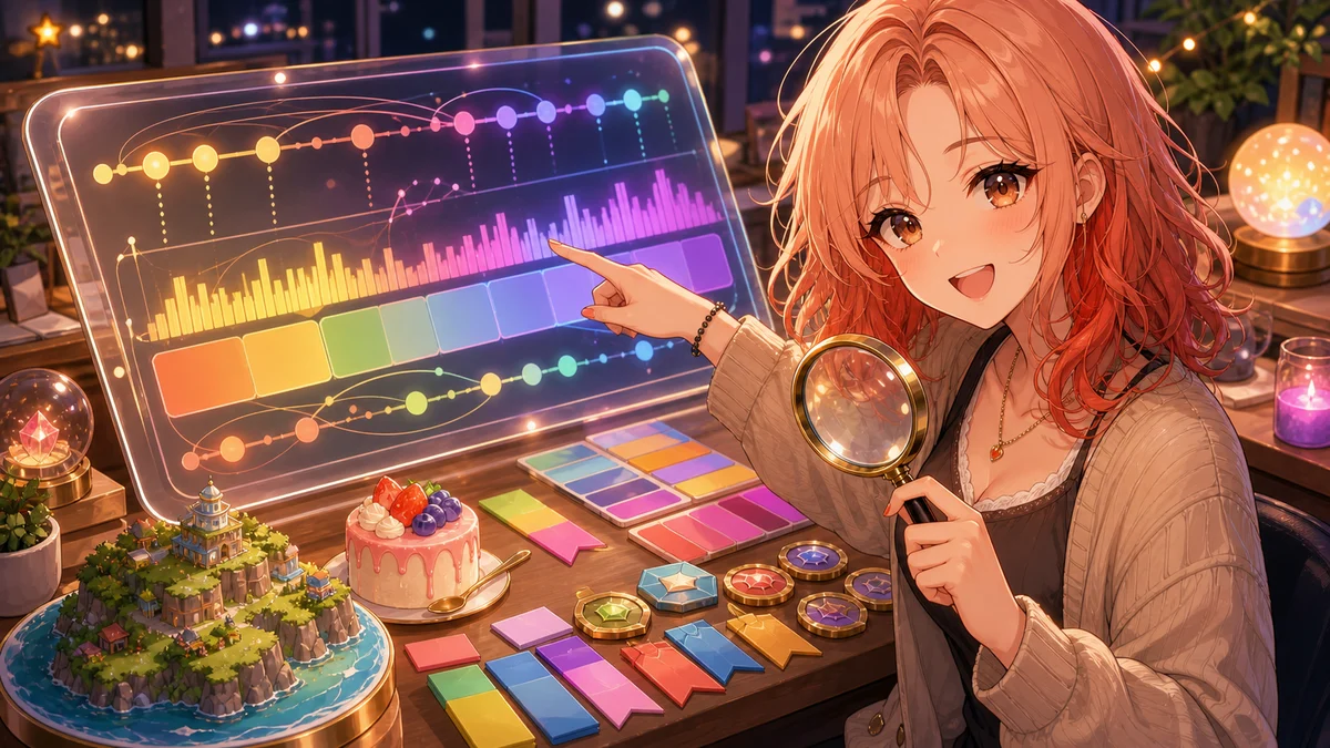 抽象タイムラインを虫眼鏡で確認するオリジナル女性キャラクターのイメージ