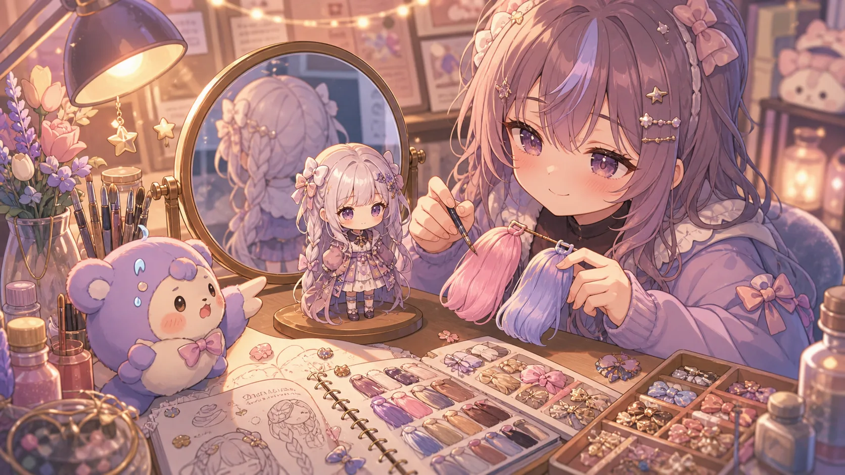鏡の前で髪色サンプルとアクセサリーを見比べるオリジナルキャラクターのイメージ