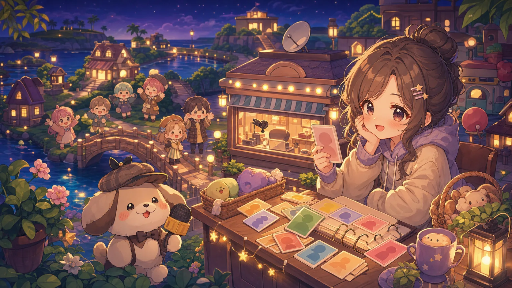 夜の島でニュース放送局と住民カードを整理するオリジナルキャラクターのイメージ