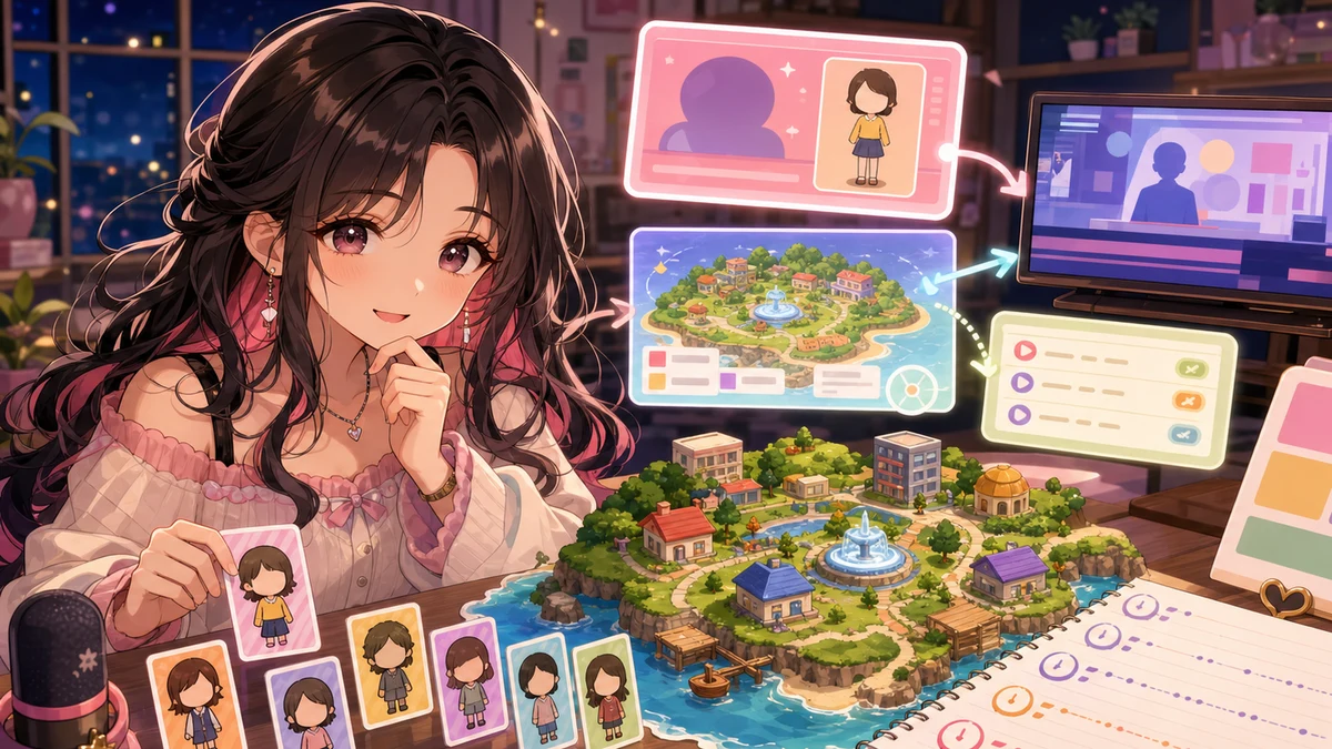 配信机で島の住民カードと確認メモを整理するオリジナルキャラクターのイメージ