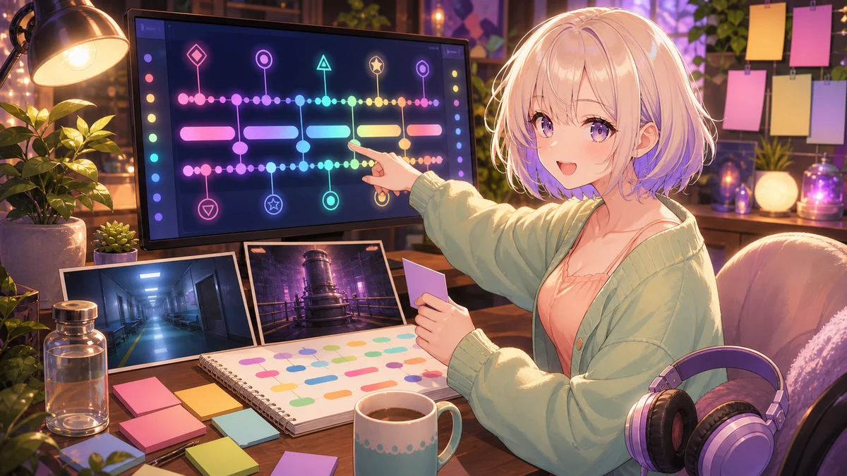 配信アーカイブの時刻メモと資料を見比べるオリジナルキャラクターのイメージ