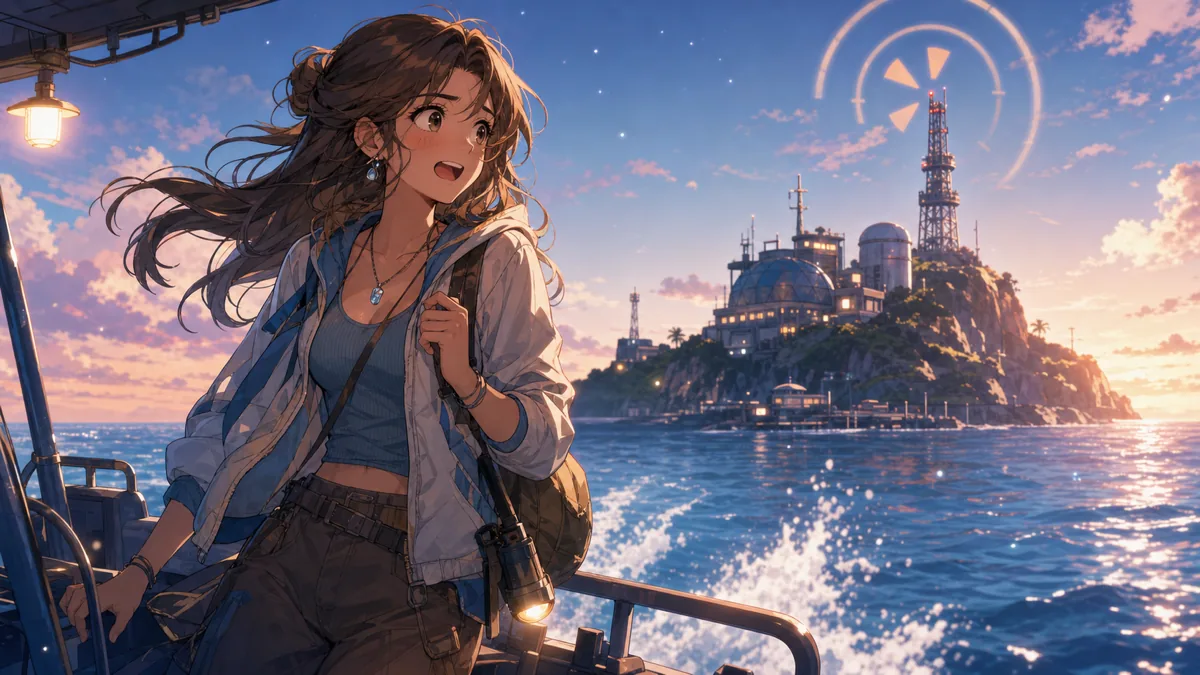孤島へ向かうボートと研究施設を背景に緊張するオリジナル女性キャラクターのイメージ