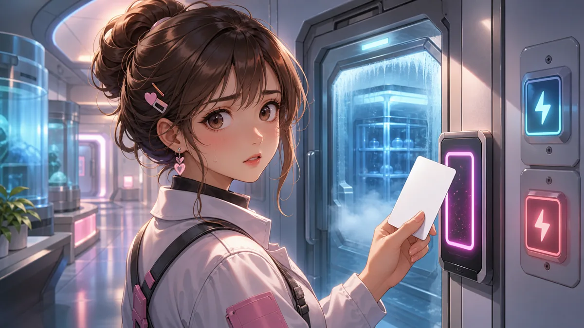 研究施設でカードキー端末と冷凍室を確認するオリジナル女性キャラクターのイメージ