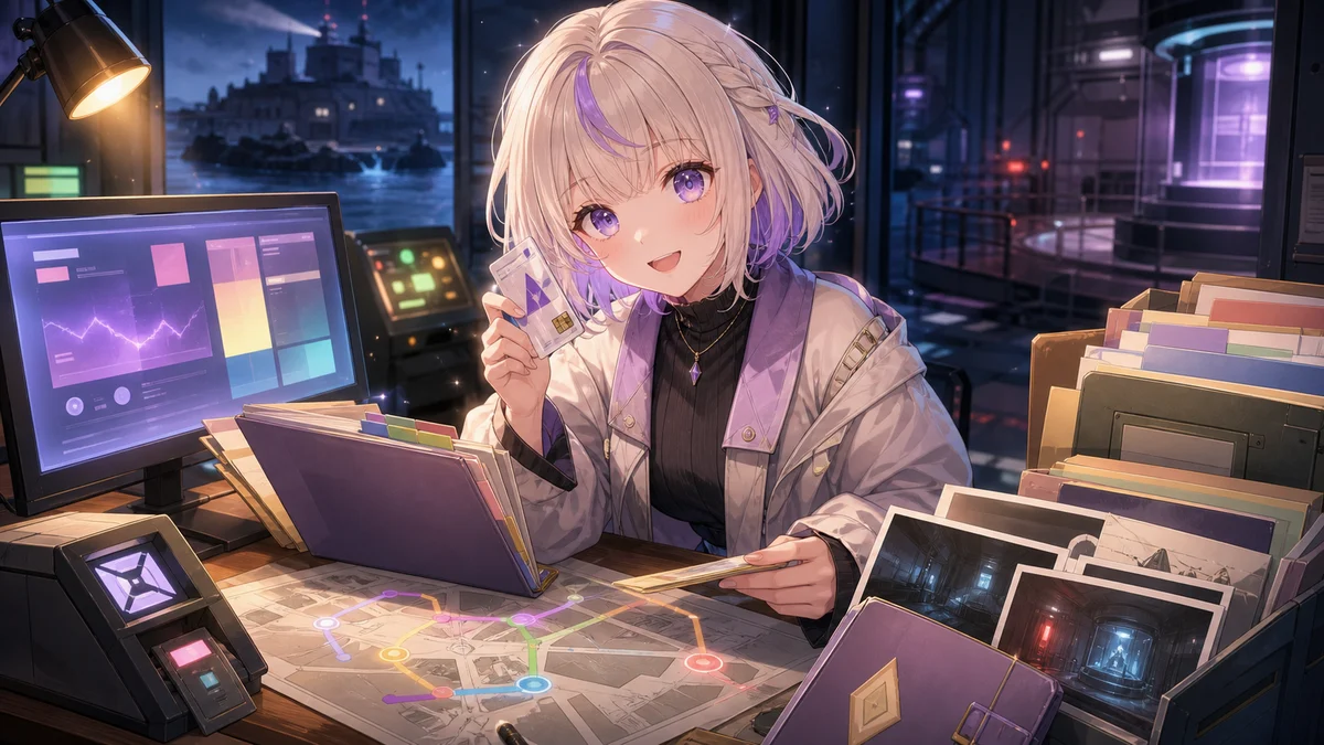 研究施設の資料と配信画面を見比べながら次に追う場面を整理するオリジナル女性キャラクターのイメージ