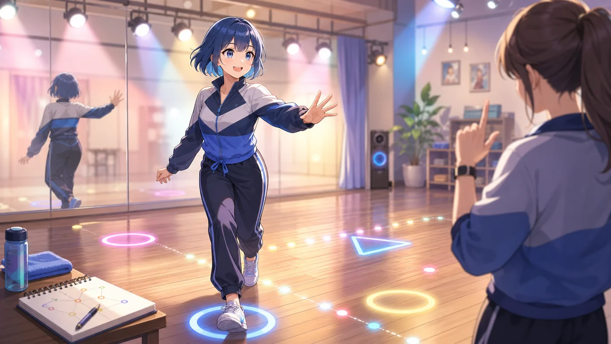 明るいダンススタジオでカウントを聞きながら前へ出るオリジナル女性キャラクターのイメージ